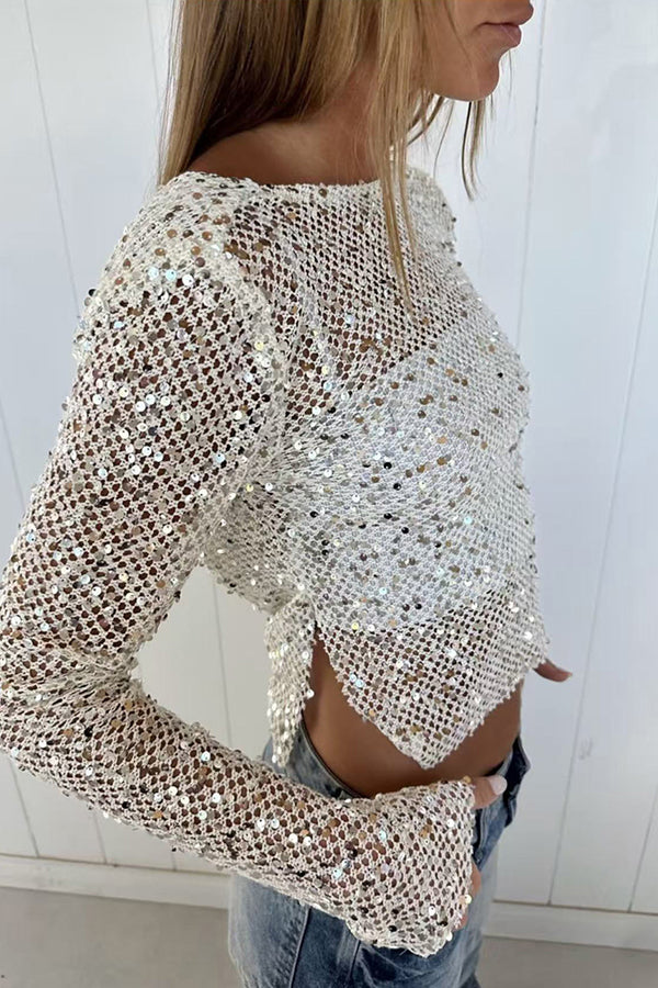 Sequined Fishnet Casual Long-sleeved Top