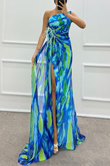 Fairy Watercolor Design Printed Feather Rose Details Off Shoulder Folded Open Skirt
