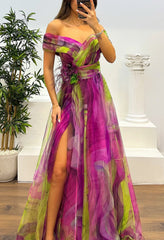 Fairy Flower Feather Pendant Elegant Fallen Fold Off Shoulder Party Split Design Long Dress