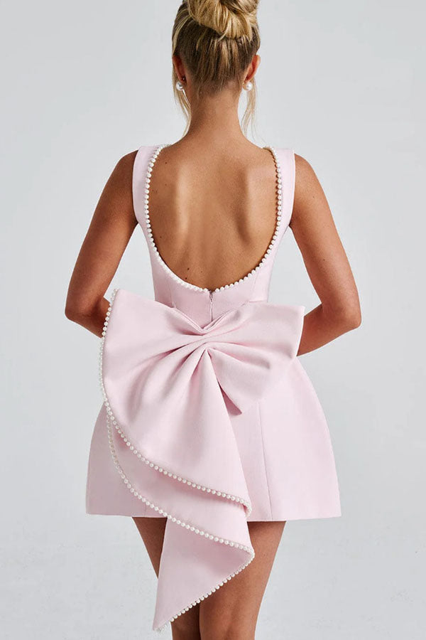 Pearl-embellished Large Bow Slim-fit Mini Dress