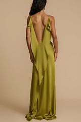 Evening Date Satin Cowl Neck Drape Ruffle Backless Bias Cut Party Maxi Dress