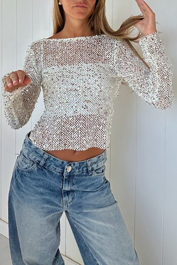 Sequined Fishnet Casual Long-sleeved Top