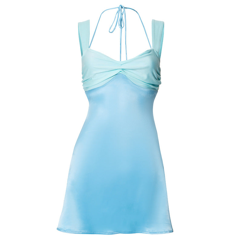 Splicing sleeveless mini long robe satin strapless backless lace up high waisted A-line party dress