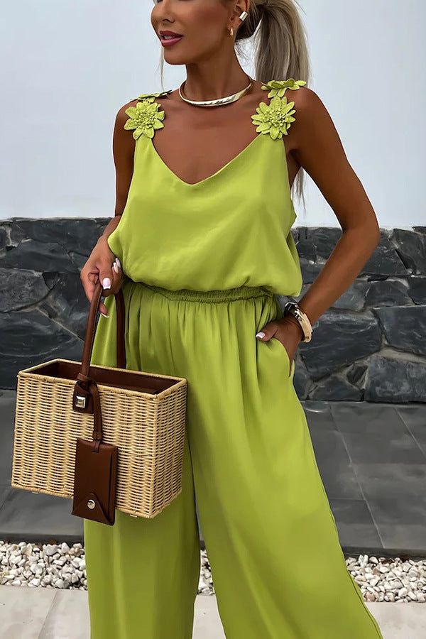 Conson off shoulder sleeveless jumpsuit casual solid color jumpsuit street wear long jumpsuit with pockets