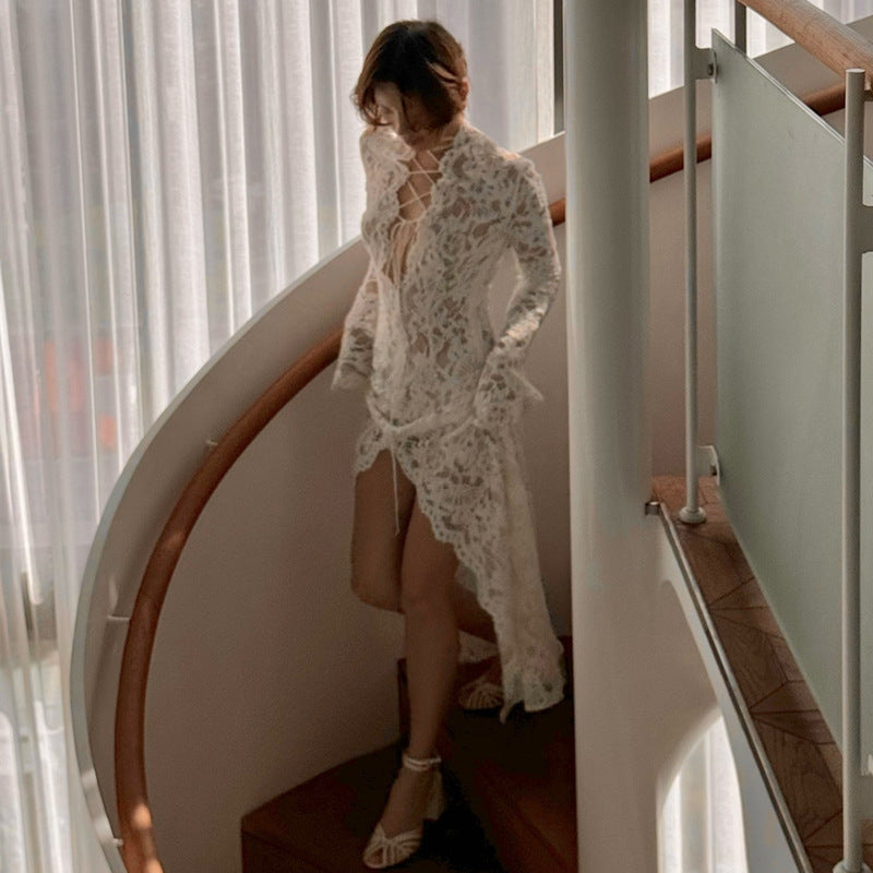Garcelle Floral Lace Lace-up Long Bell Sleeve Slit Midi Dress