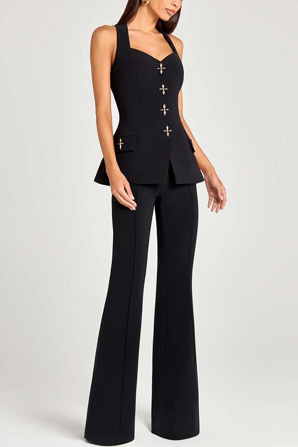 Power Metal Cross Snap Button Sweetheart Neck Wide Strap Vest