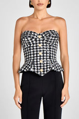 Maya Check Bouclé-tweed Fabric Sweetheart Neck Gold Button Strapless Tank