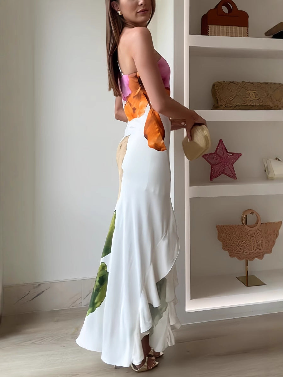Design Flower Printed Elegant Single Shoulder Side Ruffle Long Dress