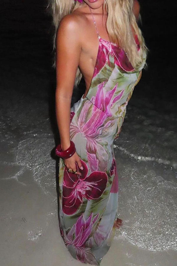 Floral Print Backless Slit See-Through Holiday Maxi Dress