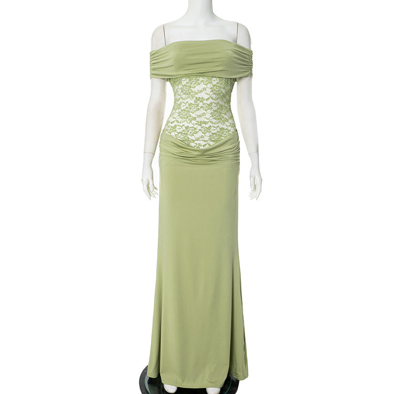 Solid Color Off Shoulder Splicing Lace Extra Long Slimming Dress