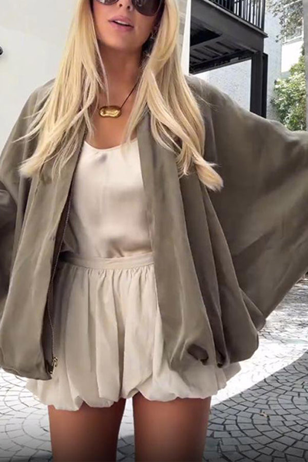 Lapel Loose Puff Long Sleeve Casual Zipper Jacket