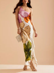 Design Flower Printed Elegant Single Shoulder Side Ruffle Long Dress