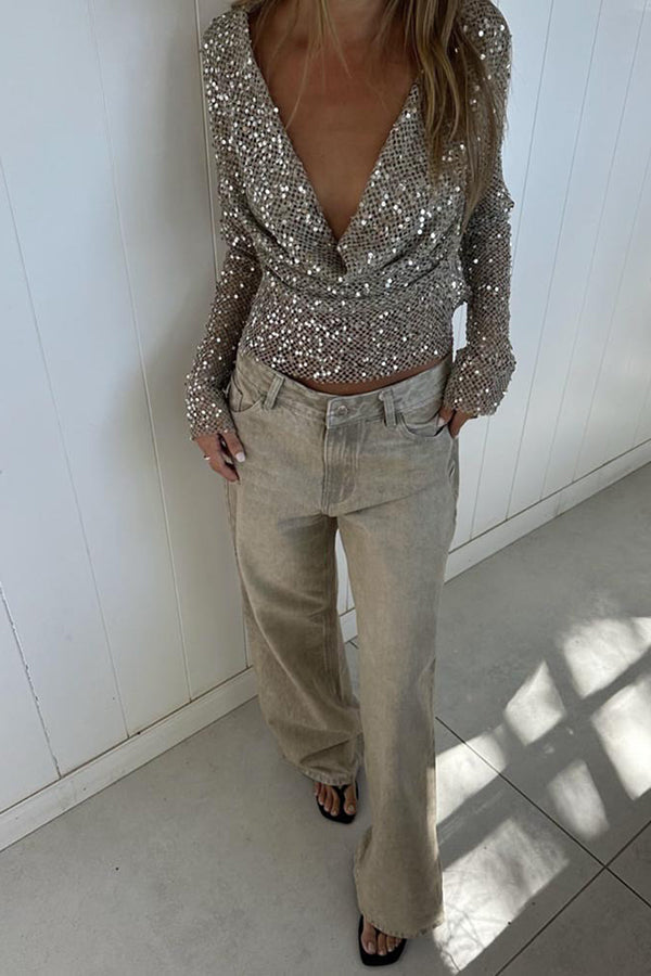 Sequined Fishnet Casual Long-sleeved Top
