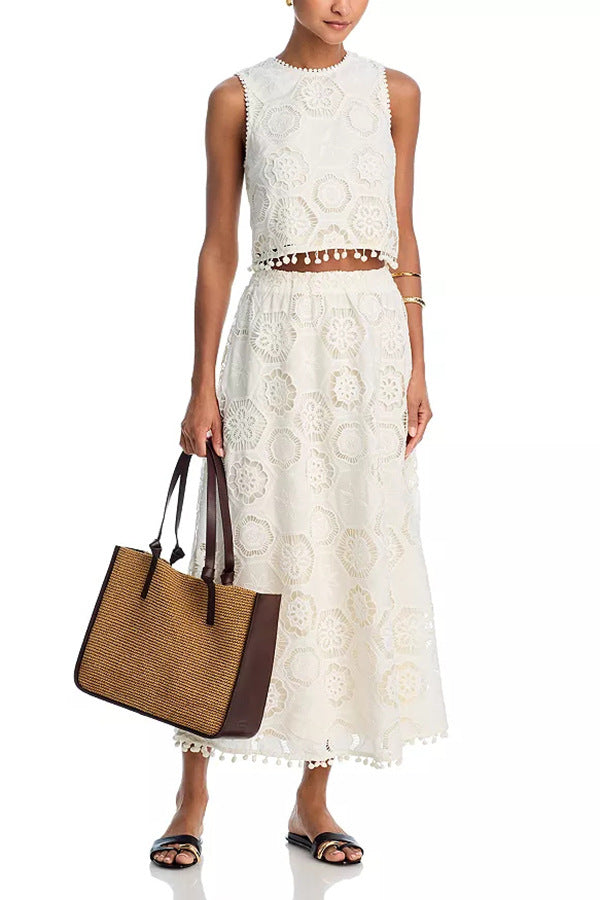 Embroidered Crochet Lace Tassle Trim Crop Tank Top