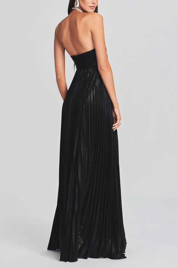 Metallic Tube Top Pleated High Slit Maxi Dress