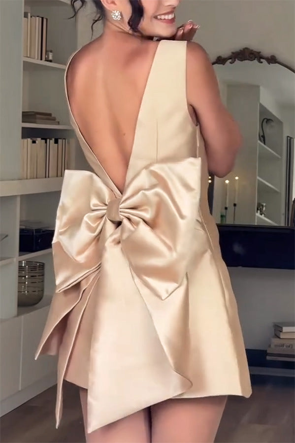 Mini waist cinching satin oversized bow detail square neck mini dress