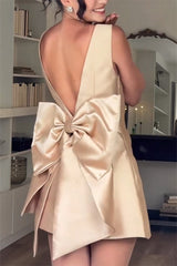 Mini waist cinching satin oversized bow detail square neck mini dress
