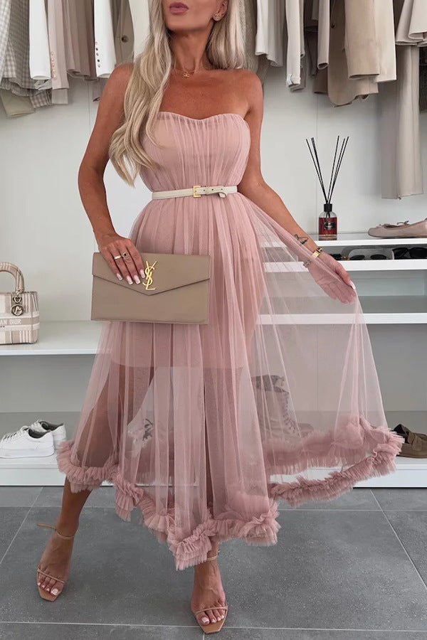 French charm chiffon off shoulder elegant pleated A-line dress