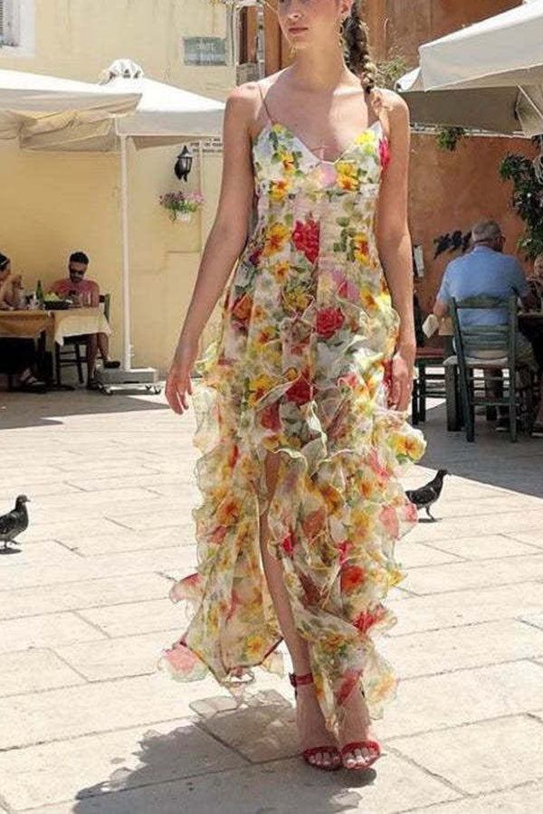 Millie | Floral Ruffle Long Skirt Chiffon Printed Fairy Style Long Style Evening Dress Coupon