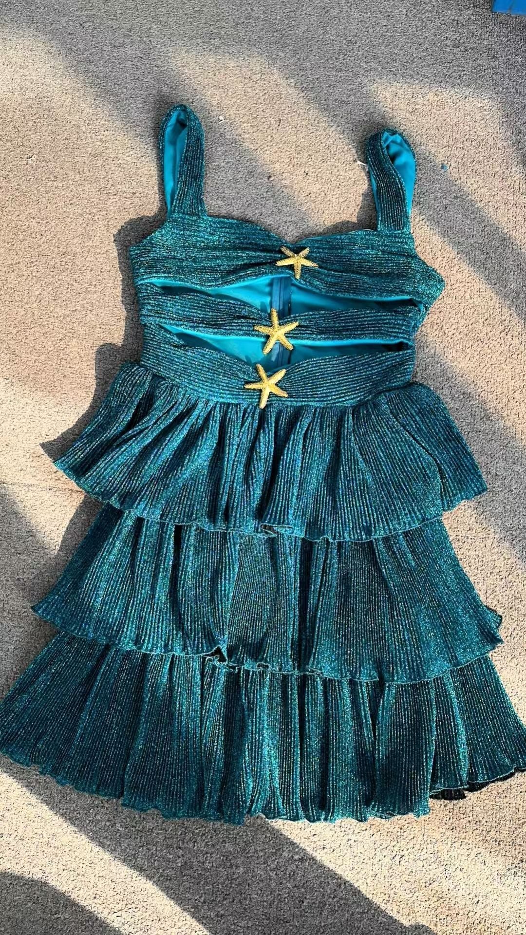 Little Mermaid Glitter Fabric Metal Starfish Hollow Layered Stretch One-piece Swimsuit