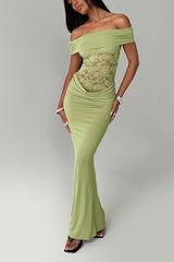 Solid Color Off Shoulder Splicing Lace Extra Long Slimming Dress