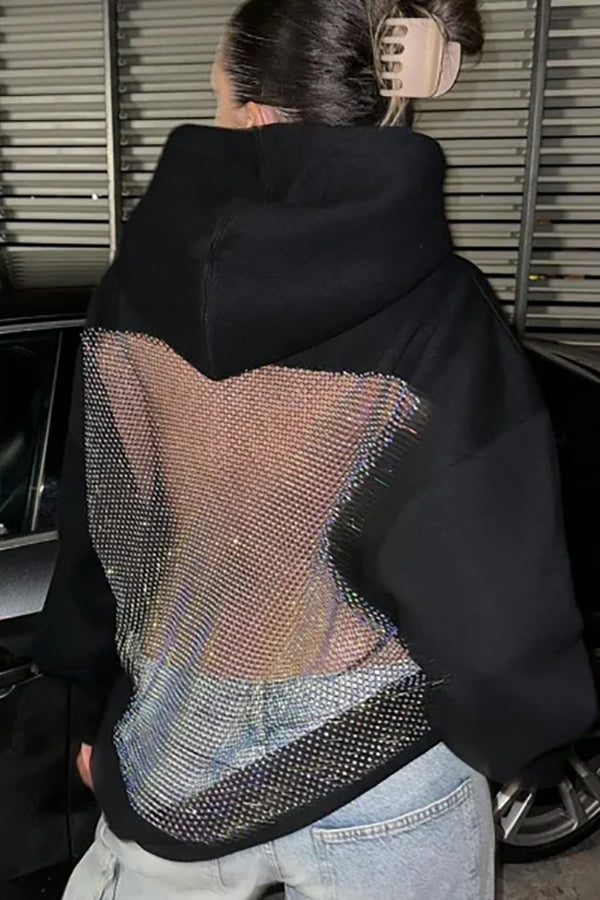 Shiny Mesh Hollow Back Loose Long-sleeved Hooded Sweatshirt