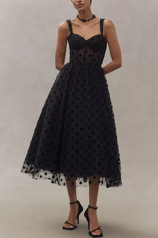 mesh black dot zipper dress INS casual loose strapless suspender party dress