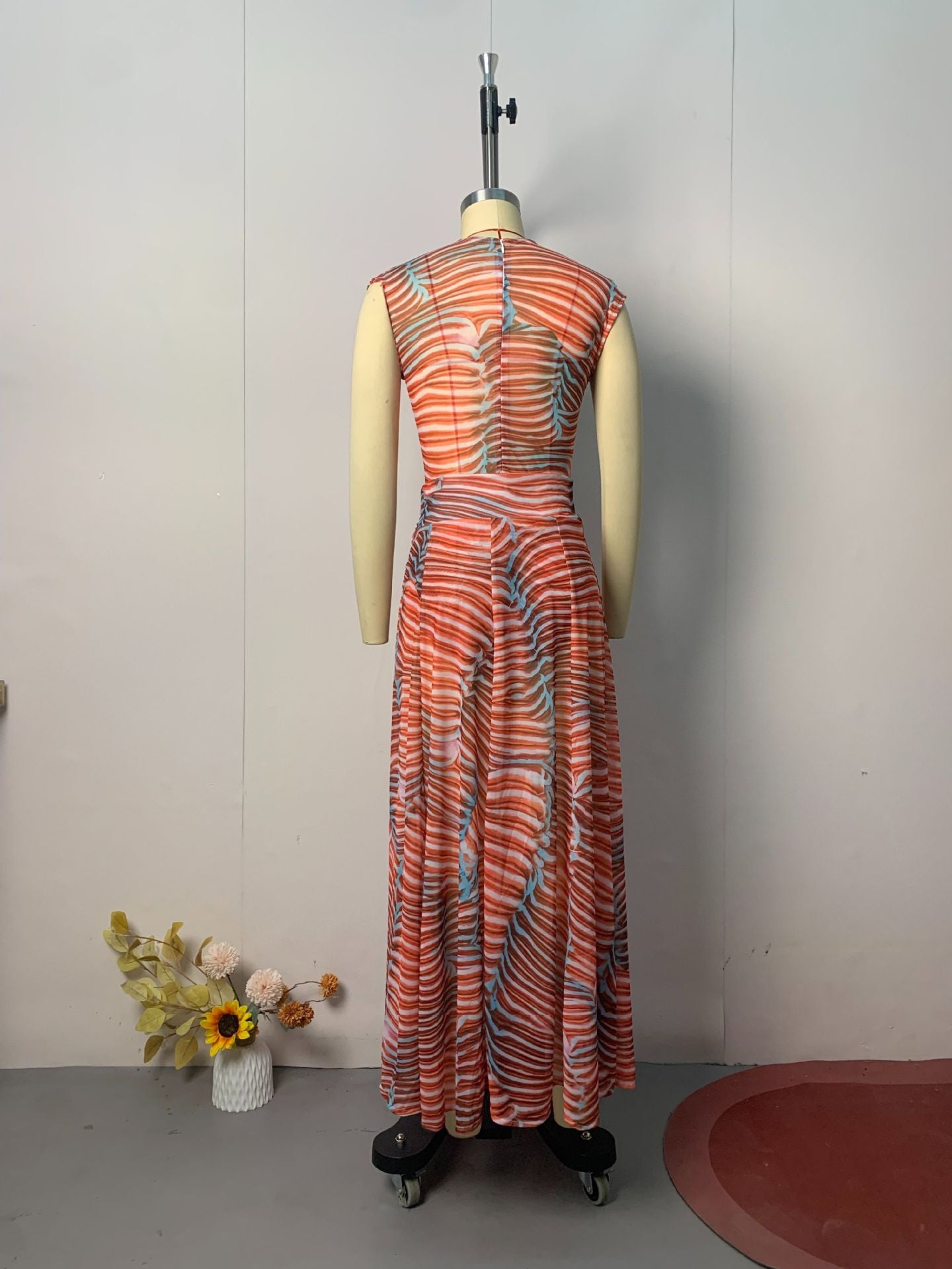 Bella Stretch Mesh Unique Print Bodysuit and High Rise Elastic Waist Maxi Skirt Set