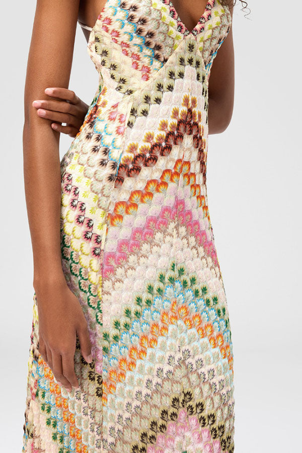 Missoni Knit Colorful Herringbone Print Open Beck Maxi Dress