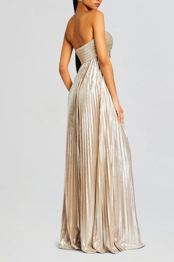 Metallic Tube Top Pleated High Slit Maxi Dress