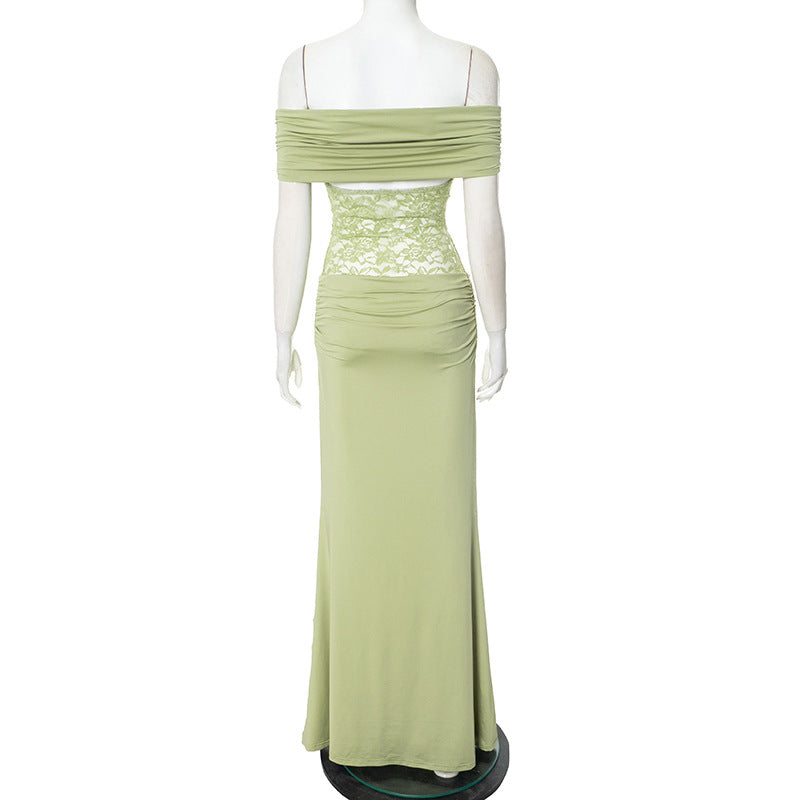 Solid Color Off Shoulder Splicing Lace Extra Long Slimming Dress