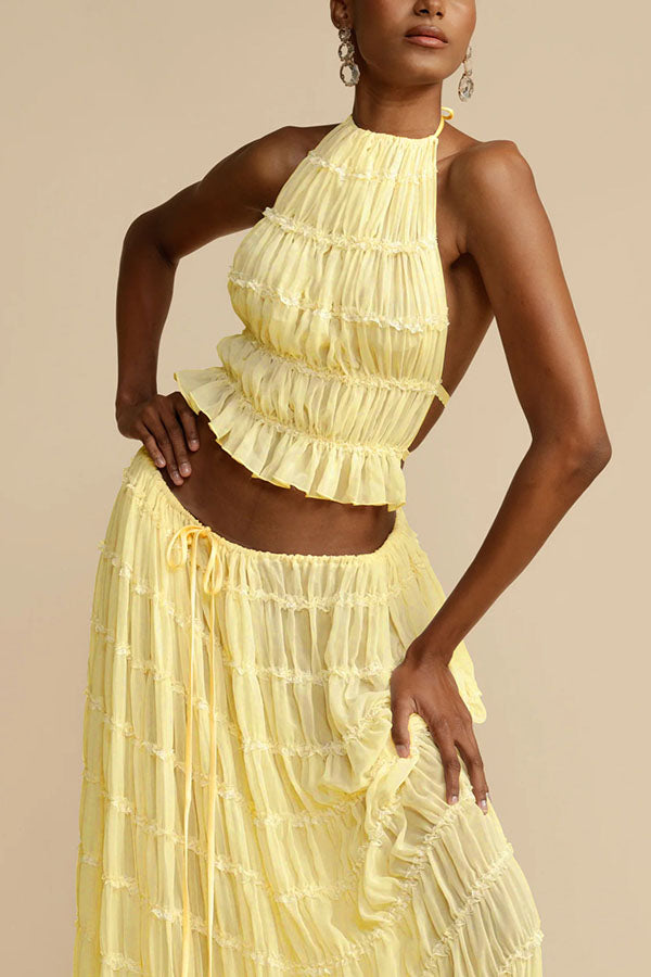 Versatility and Vintage Charm Pleated Drawstring Waist Tiered Maxi Skirt