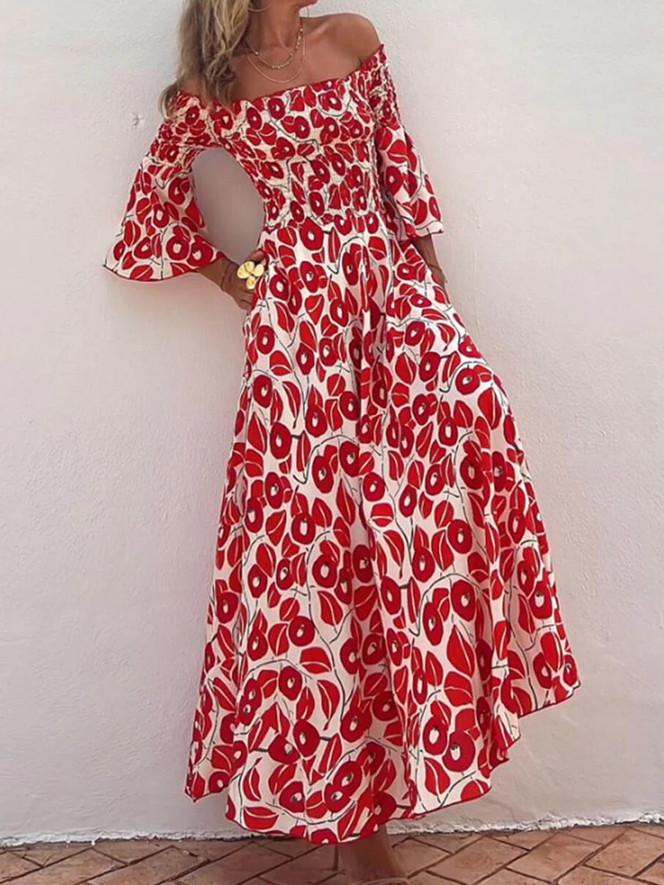 Vacation Flower Street Elegant Printed Off Shoulder Waist Pocket Long Dress
