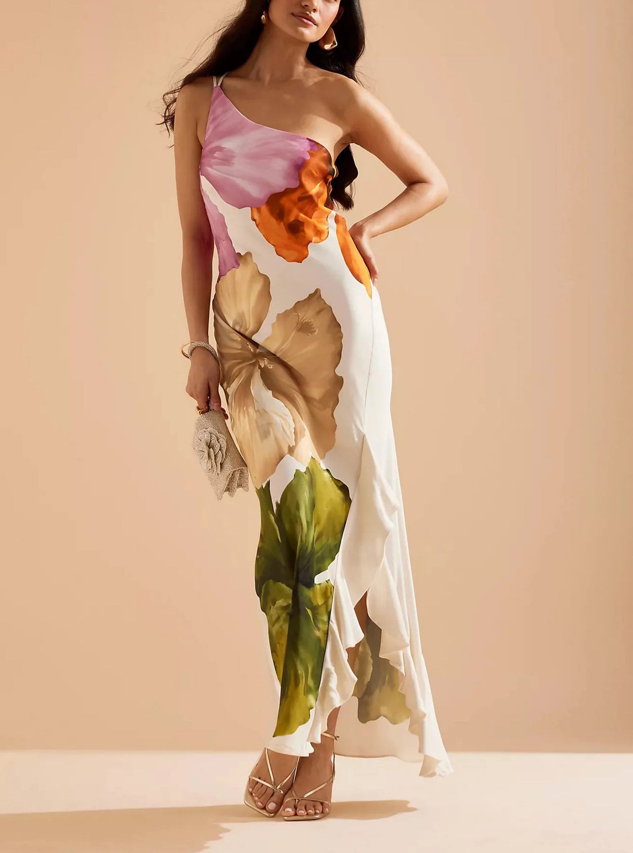 Design Flower Printed Elegant Single Shoulder Side Ruffle Long Dress