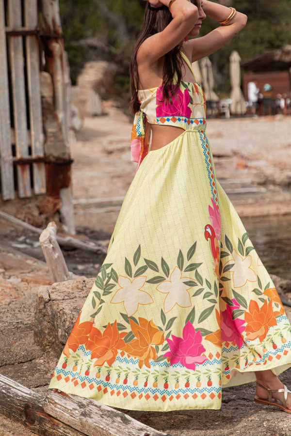 Resort Style Unique Print Square Neck Backless Waist Maxi Dress