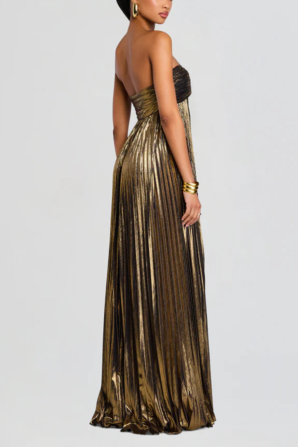 Metallic Tube Top Pleated High Slit Maxi Dress