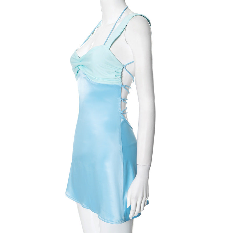 Splicing sleeveless mini long robe satin strapless backless lace up high waisted A-line party dress