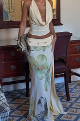 Beautiful Statement Cowl Neck Halter Tank and Floral Ruched Waist Slit Maxi Skirt Set