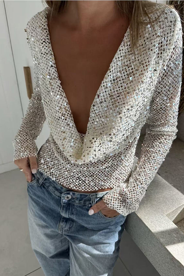 Sequined Fishnet Casual Long-sleeved Top