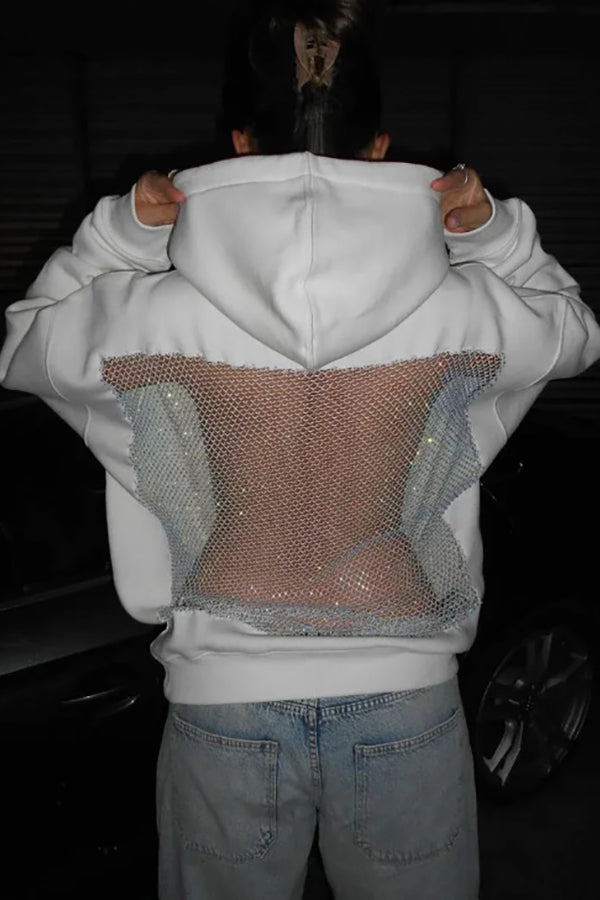 Shiny Mesh Hollow Back Loose Long-sleeved Hooded Sweatshirt