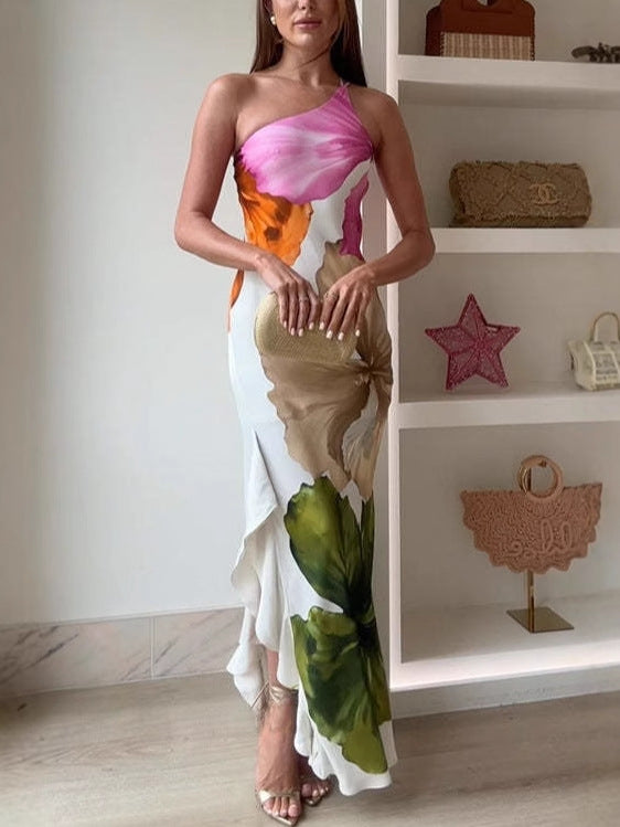 Design Flower Printed Elegant Single Shoulder Side Ruffle Long Dress