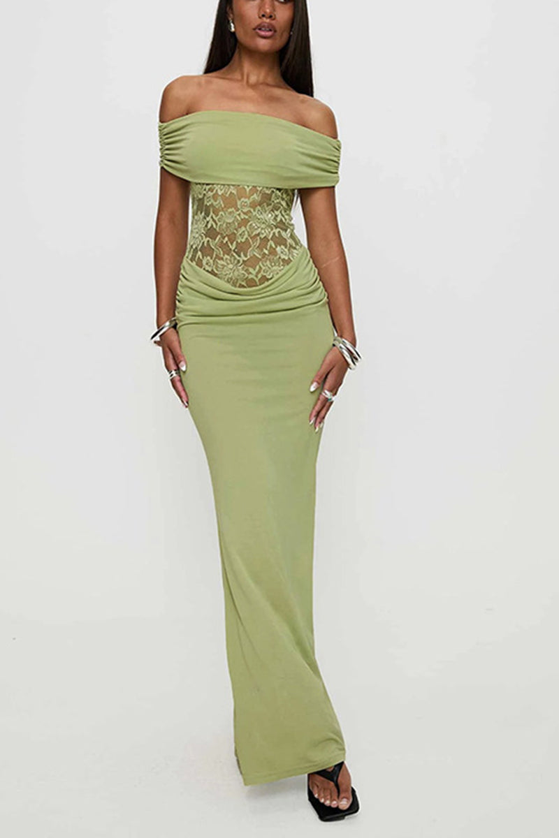 Solid Color Off Shoulder Splicing Lace Extra Long Slimming Dress