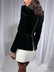Netta Velvet Square Neck Long Sleeve Back Pearl Detail Pleated Mini Dress