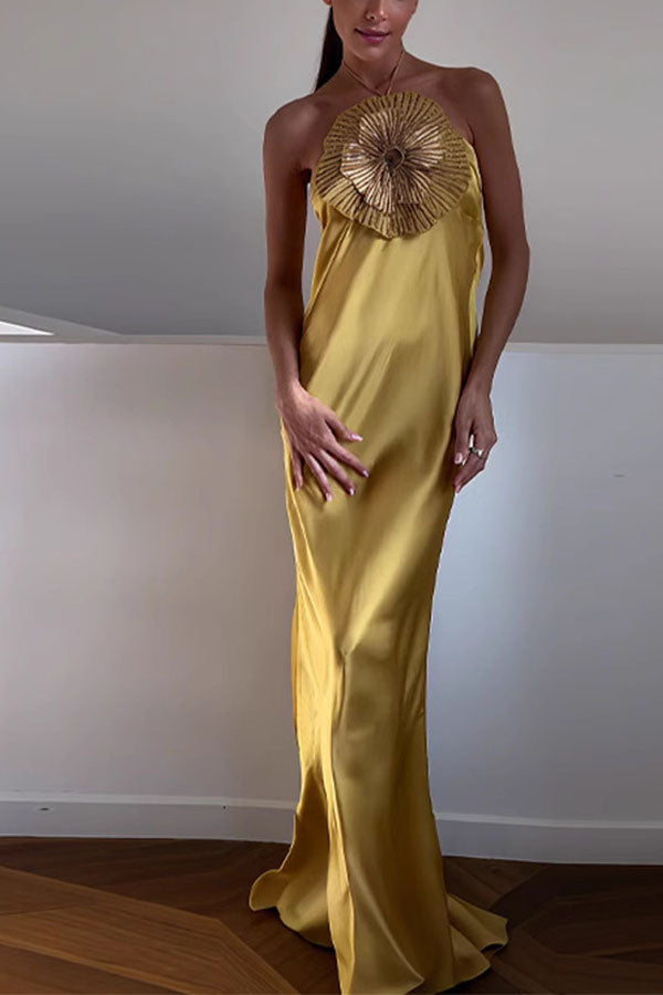 Beaded Large Flower Decoration Halter Neck Backless Maxi Dress