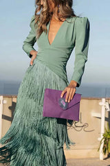 Solid Color V-Neck Long Sleeve Elegant Tassel Maxi Dress