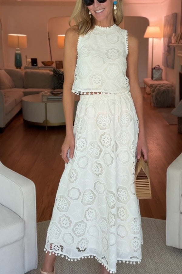 Embroidered Crochet Lace Tassle Trim Elastic Waist Midi Skirt