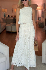 Embroidered Crochet Lace Tassle Trim Elastic Waist Midi Skirt