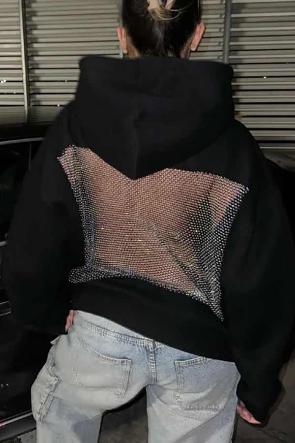 Shiny Mesh Hollow Back Loose Long-sleeved Hooded Sweatshirt