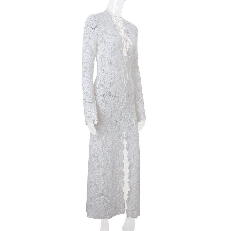 Garcelle Floral Lace Lace-up Long Bell Sleeve Slit Midi Dress