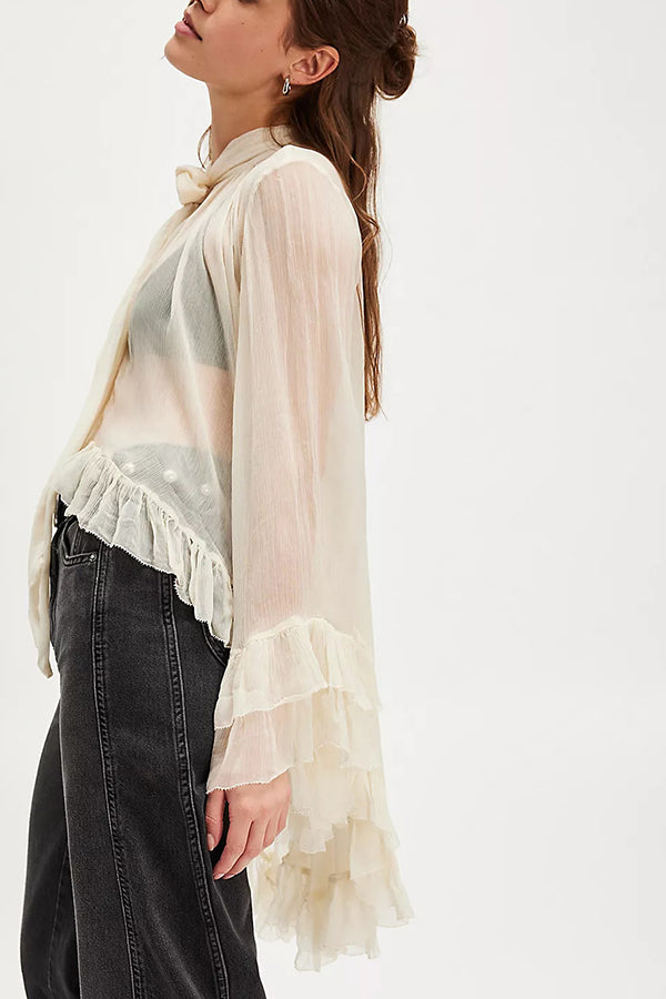 Flowy See-through Ruffle Tie-up Neck Bell Sleeve High-low Hem Cape Shirt